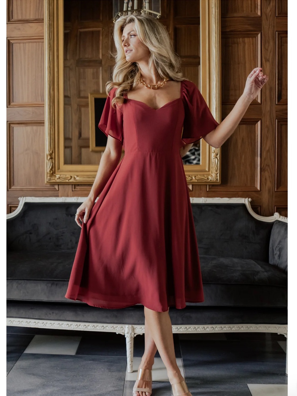 Baltic Born Colette Sweetheart Neck Midi Dress S Red
